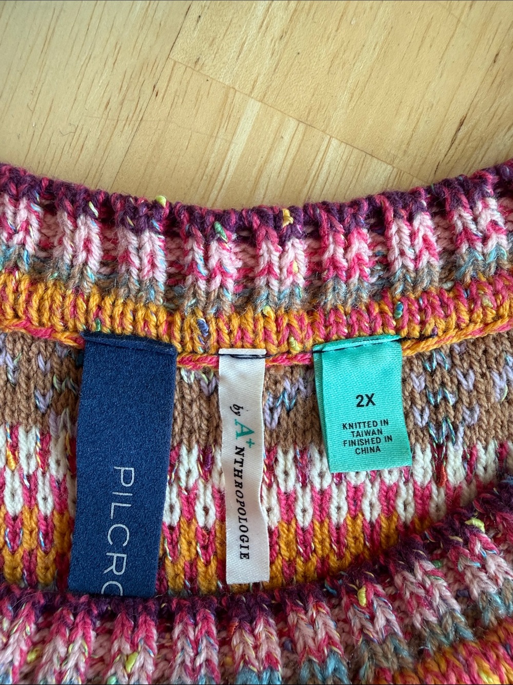Pilcro Striped Ruffle-Shoulder Crewneck Sweater in Pink, Blue & Yellow 2X - Picture 10 of 11